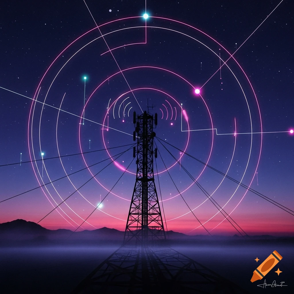 A synthwave-style image of a communication tower against a vibrant purple and pink night sky with glowing abstract neon lines and stars.