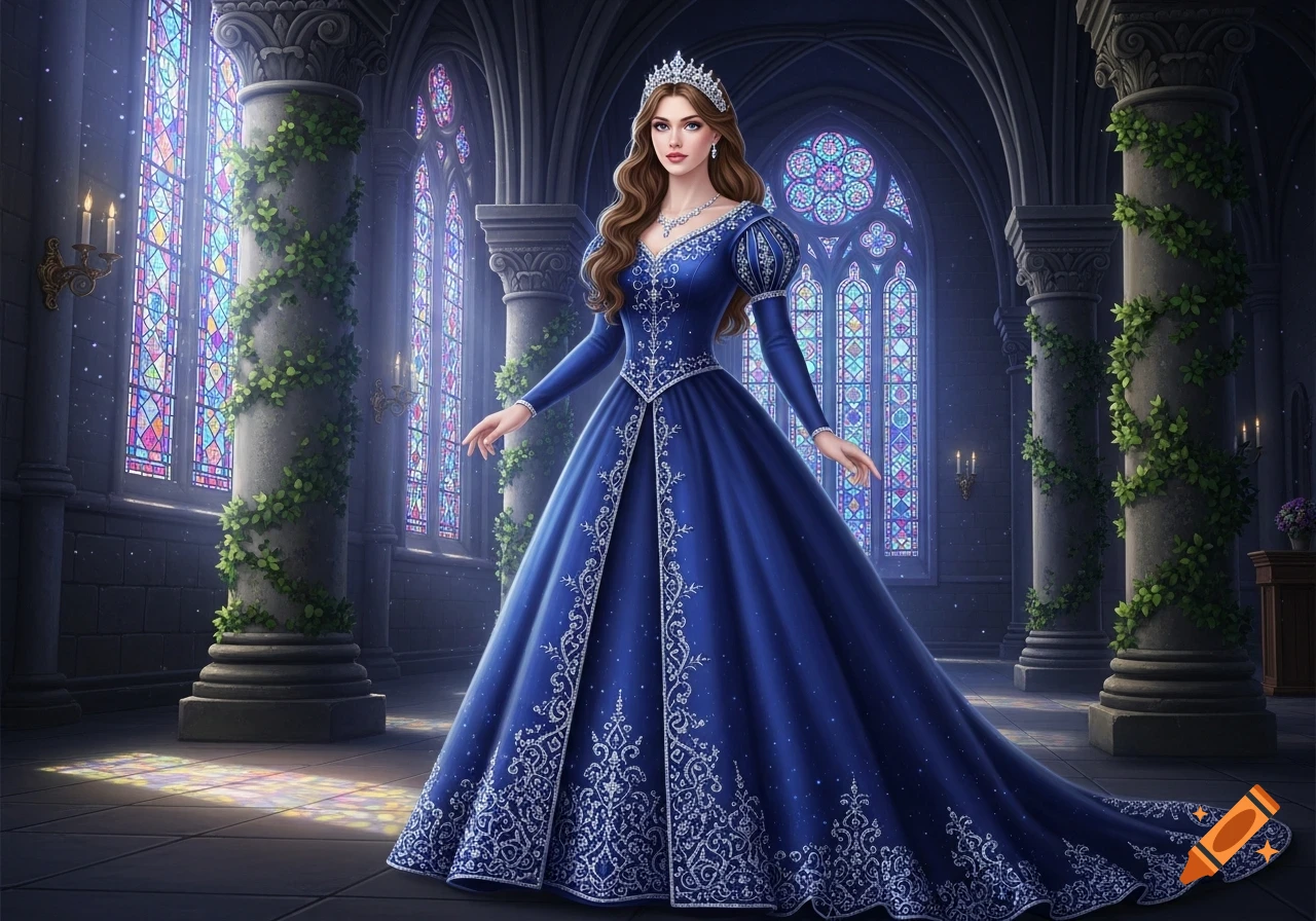 A princess in a detailed blue gown and crown stands in a gothic castle hall with stained-glass windows.