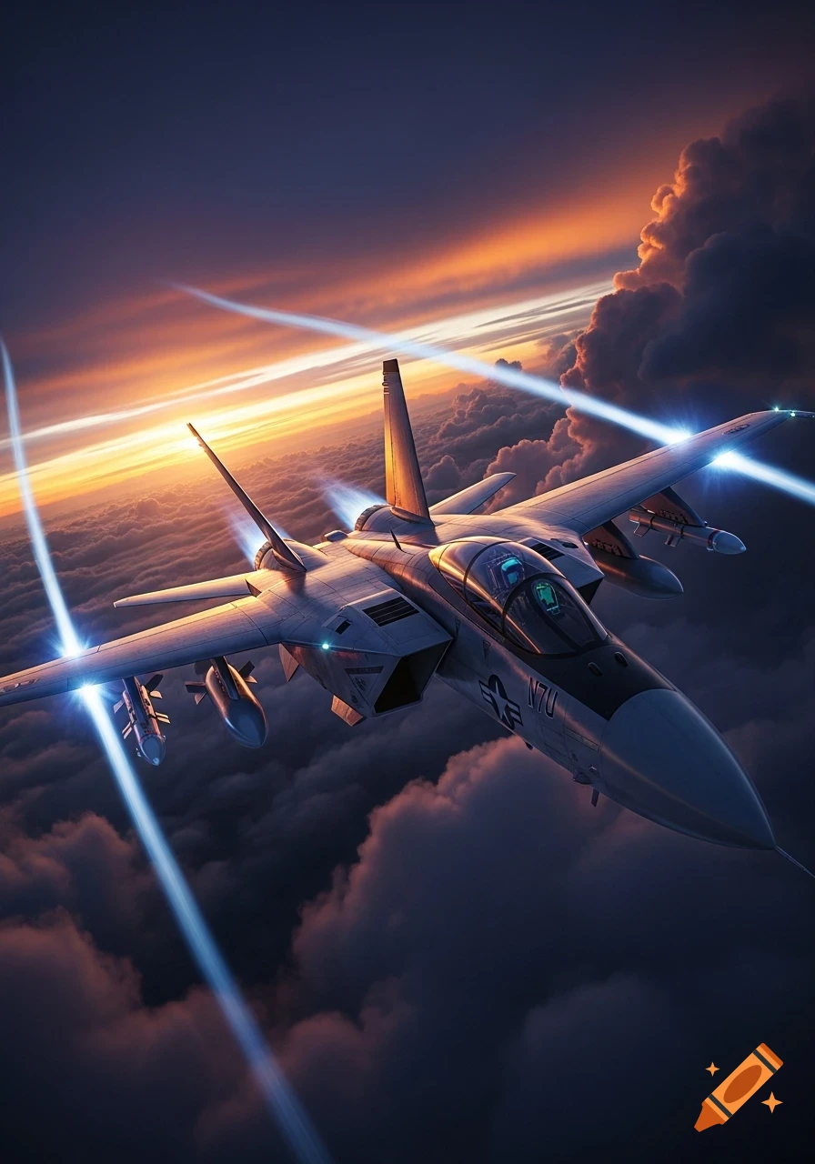 Sleek fighter jet flying above clouds with blue light trails at a dramatic sunset.