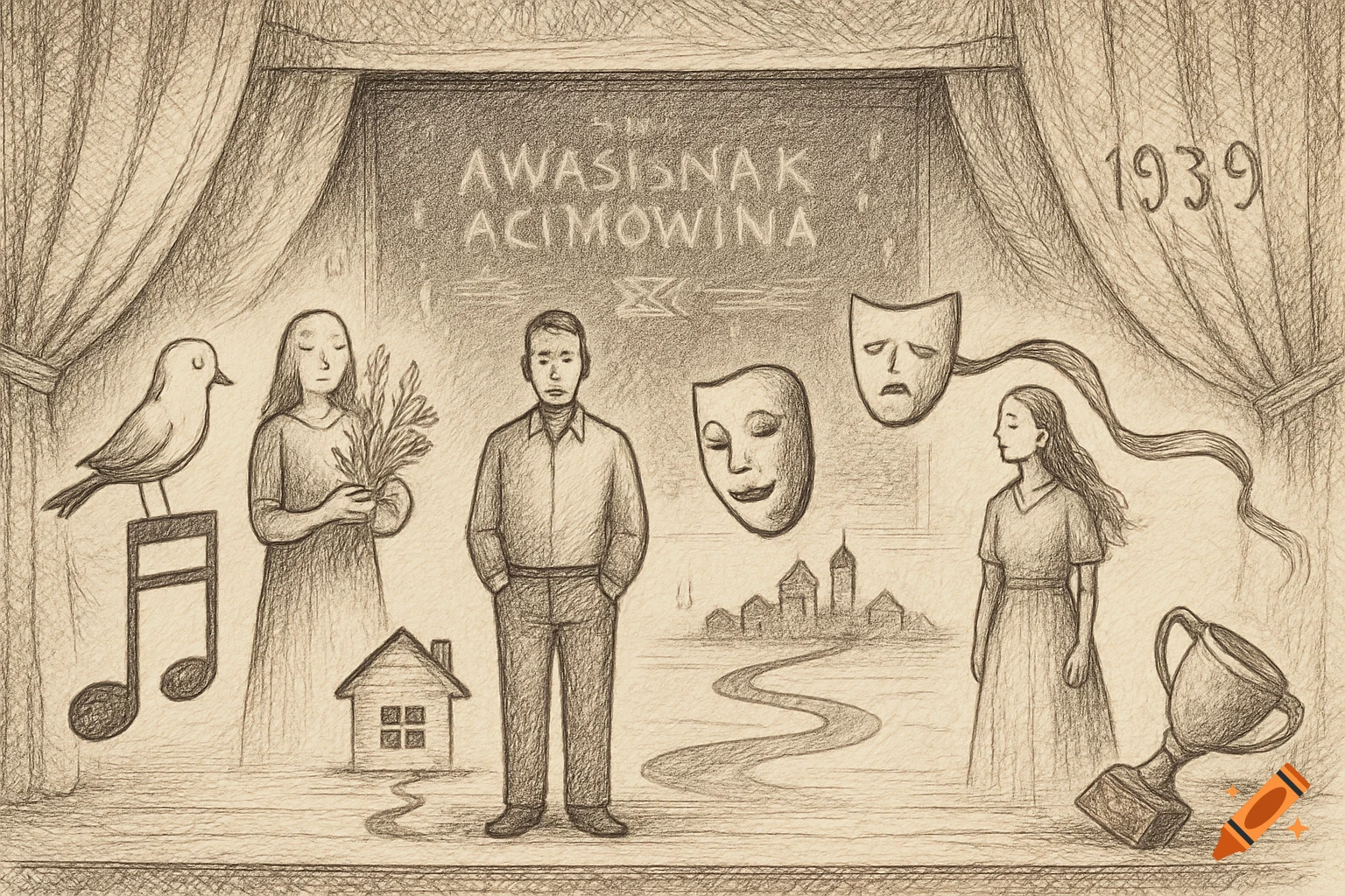 A sepia-toned, hand-drawn sketch of a stage scene with curtains, featuring a man, two women, a bird on a music note, two theater masks, a small house, a distant town, and a tilted trophy. Text 'AWASISNAK ACIMOWINA' and '1939' are visible.