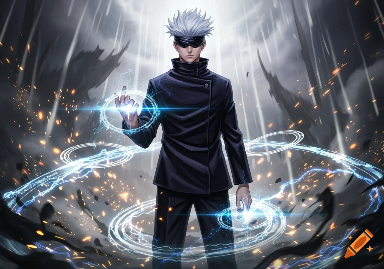 Gojo Satoru, an anime character with white hair and a black blindfold, stands amidst a stormy setting, manipulating blue energy.