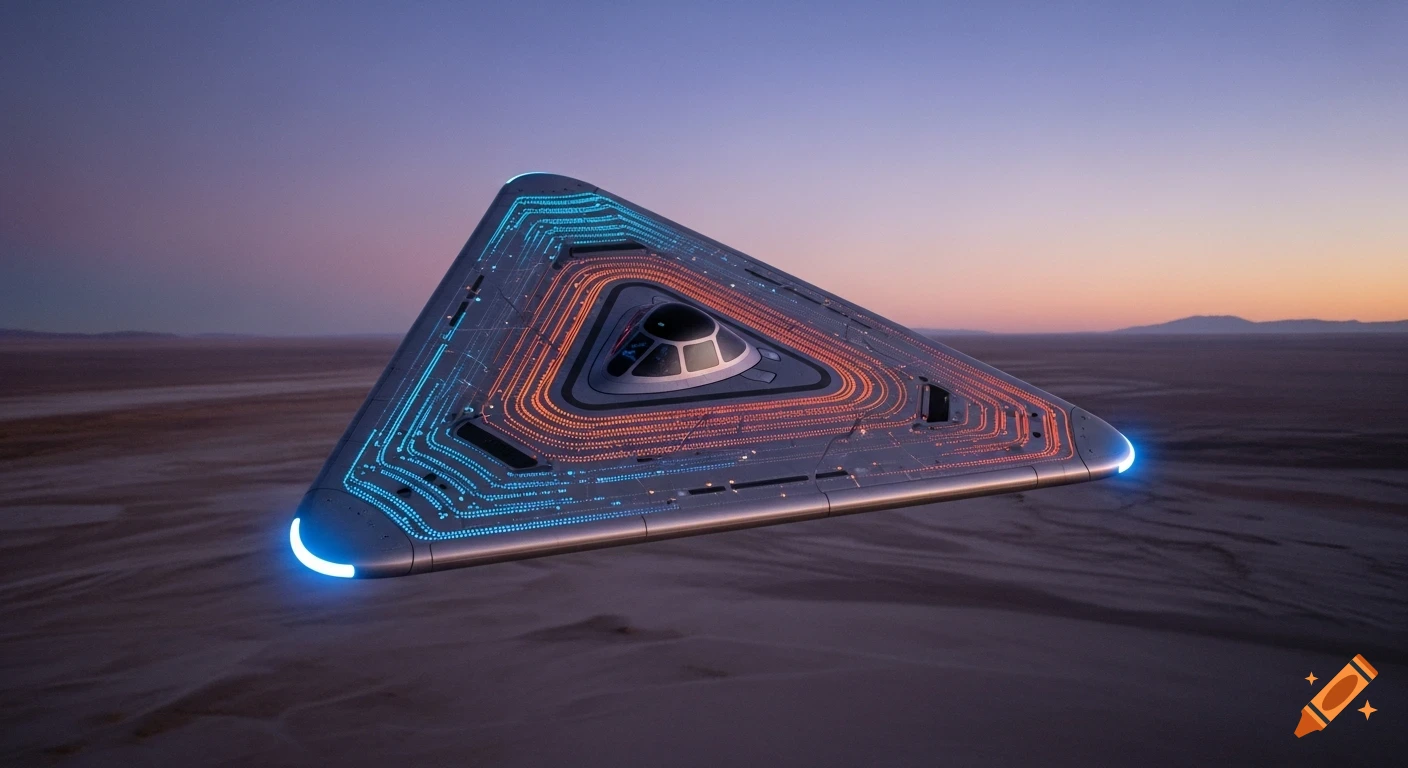 Photorealistic image of a futuristic triangular craft with glowing blue and orange circuits, hovering over a vast desert at twilight.