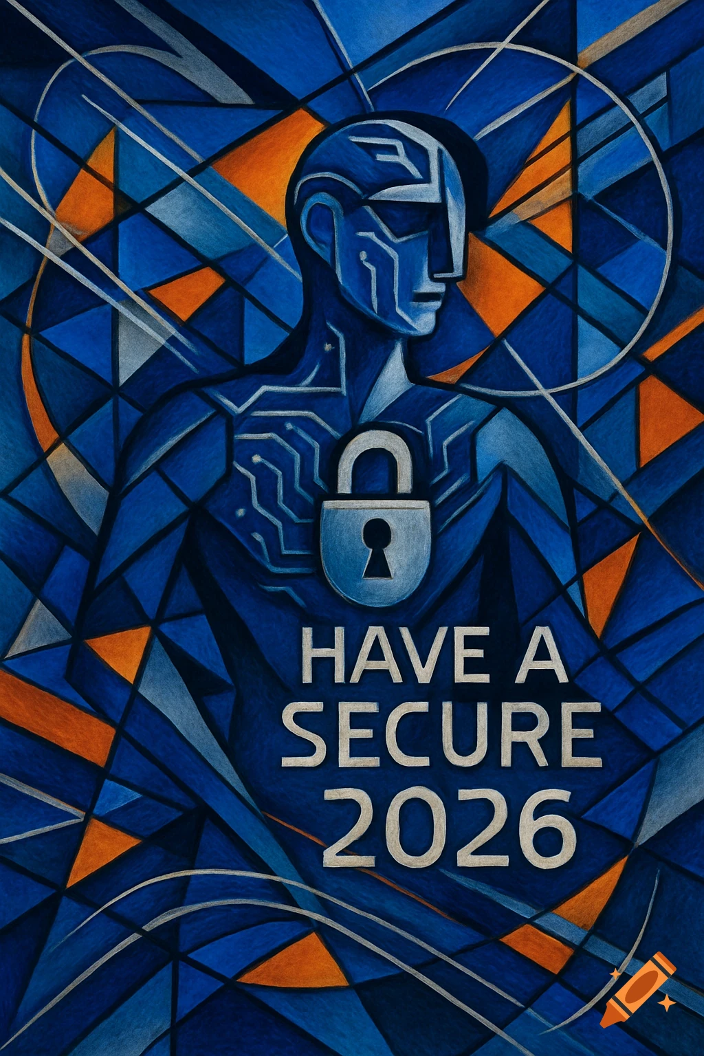 Abstract, mosaic-style illustration of a stylized blue figure with circuit patterns and a padlock, with the text 'HAVE A SECURE 2026'.