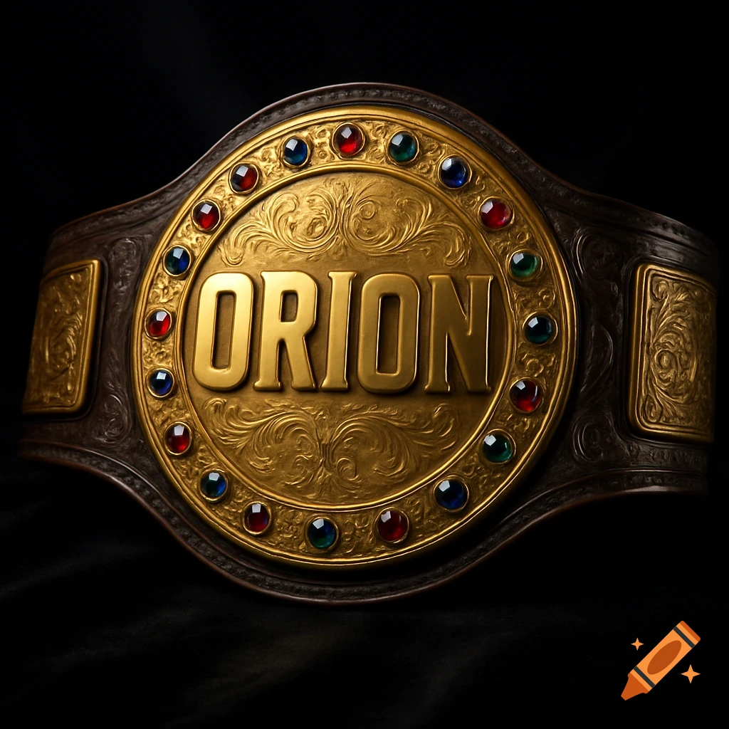 A close-up, photorealistic golden wrestling championship belt with the name "ORION" on the main plate, surrounded by colorful jewels.