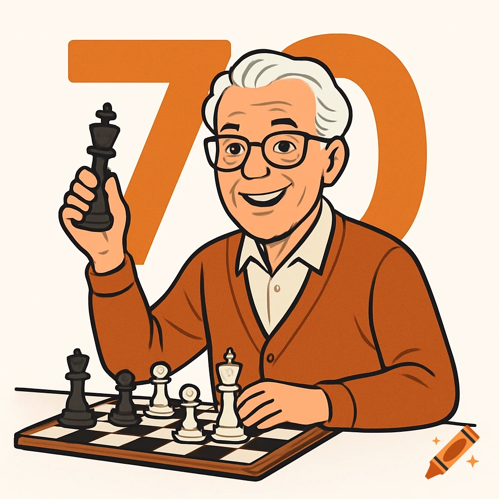 A cartoon clipart of a smiling elderly man in glasses holding a chess king at a chessboard, with a large orange '70' behind him.