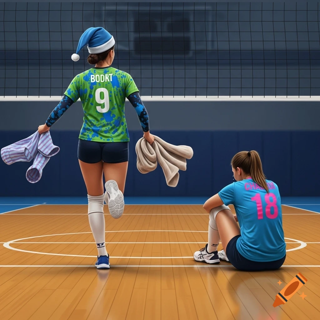 A volleyball player in a green jersey and blue Santa hat runs away, holding pajamas and a blanket, while another player in a blue jersey sits sadly on the court.