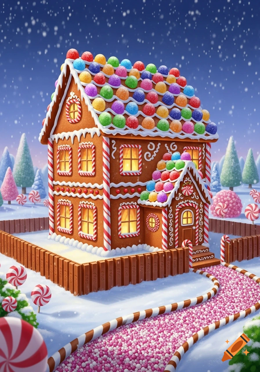 A whimsical gingerbread house decorated with colorful gumdrops, candy cane windows, and a Kit Kat fence, in a snowy landscape under a starry sky.