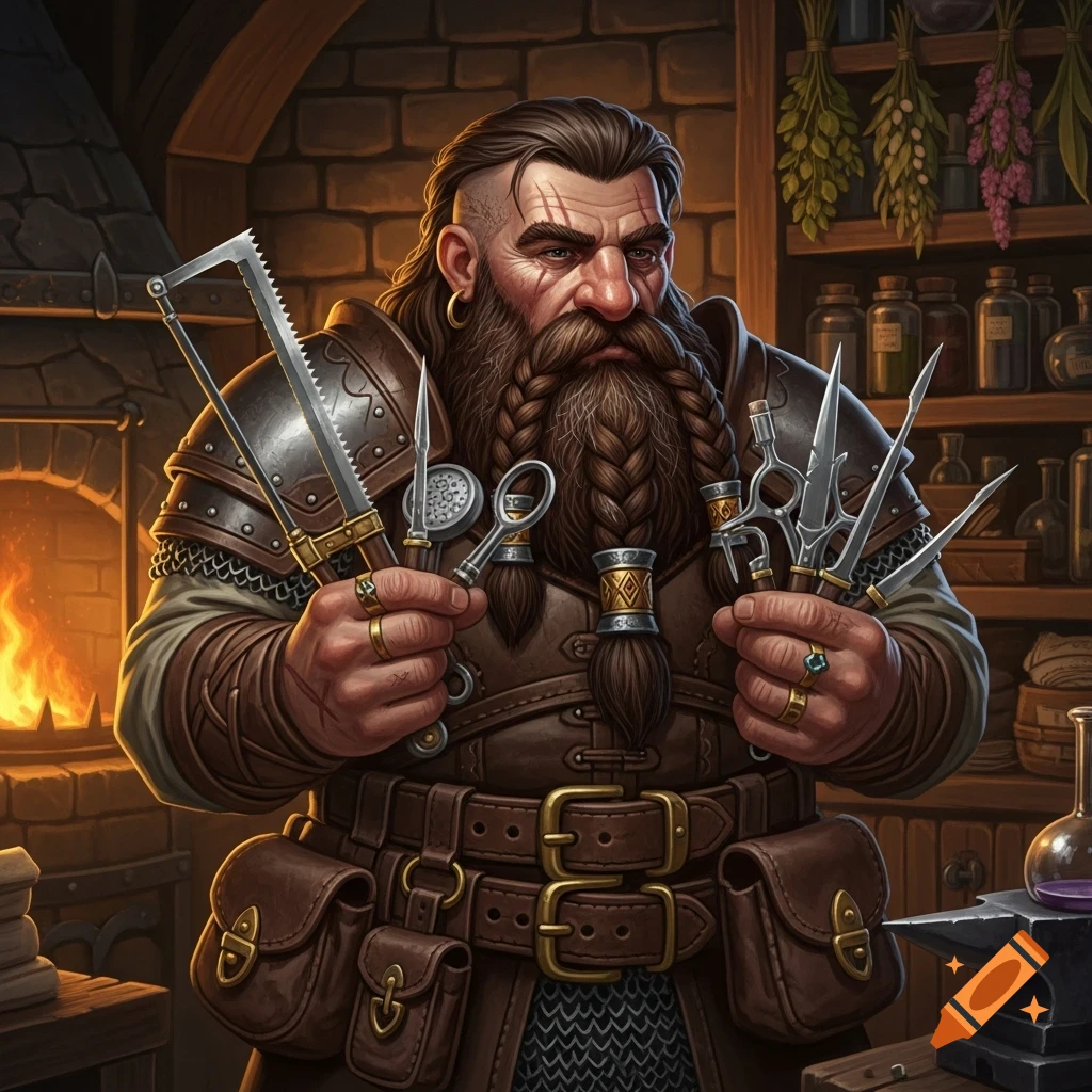 A heavily bearded medieval dwarf with scars holds various sharp medical and crafting tools in a workshop with a forge and shelves of herbs and bottles.