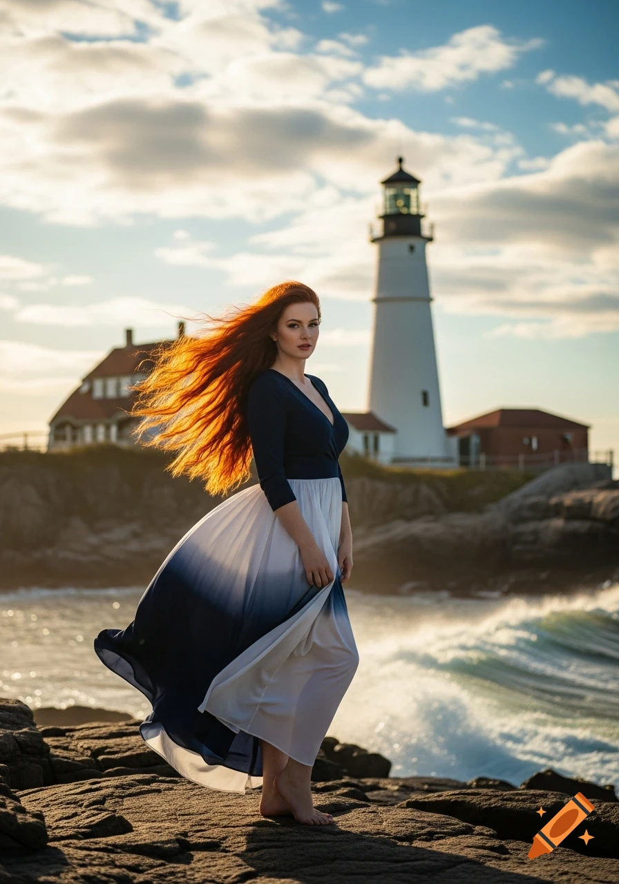 Photorealistic portrait of a redhead in a flowing dress on coastal rocks, lighthouse and ocean behind her at golden hour.