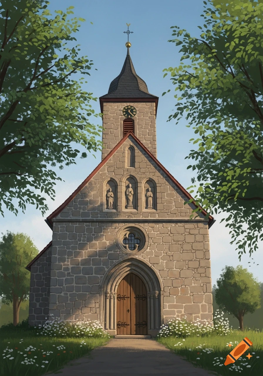 A stylized illustration of a stone church with a steeple and clock tower, surrounded by green trees, a path, and wildflowers under a blue sky.