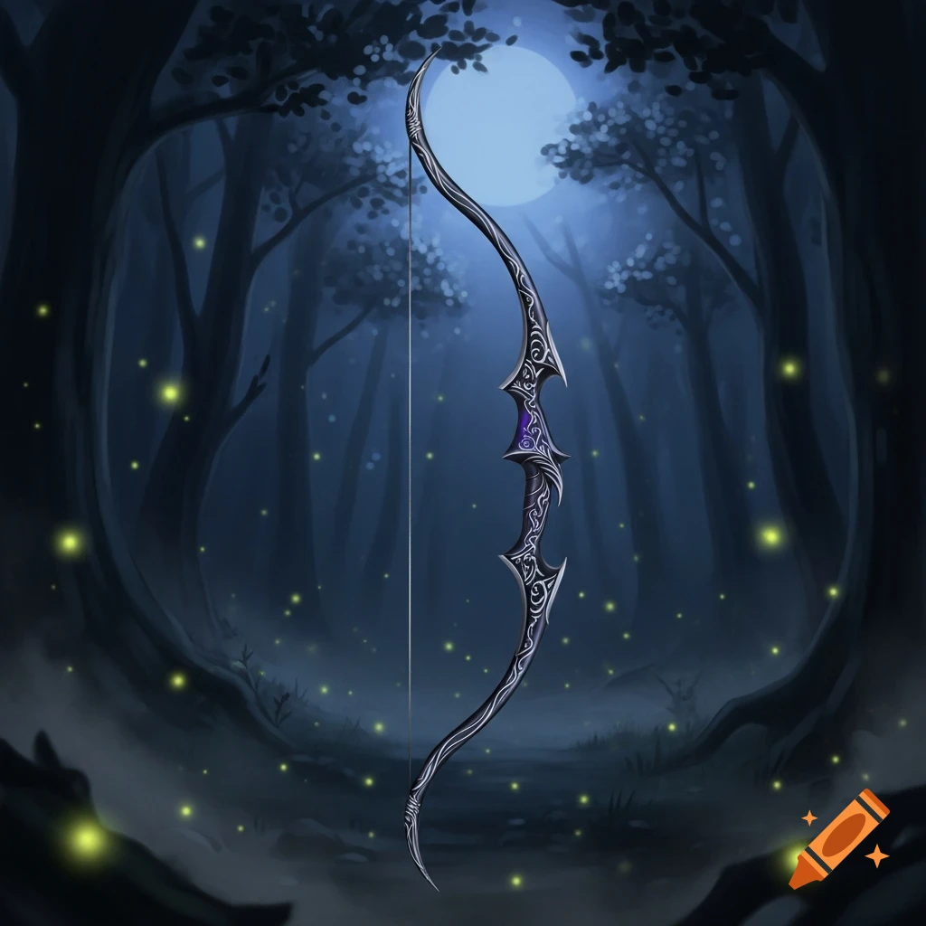 A black and silver ornate fantasy bow with a purple grip stands upright in a moonlit, firefly-filled dark forest.