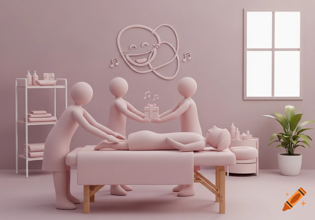 Abstract 3D illustration of a serene pastel pink massage room with stylized figures. Three figures offer a gift to a fourth on a massage table.