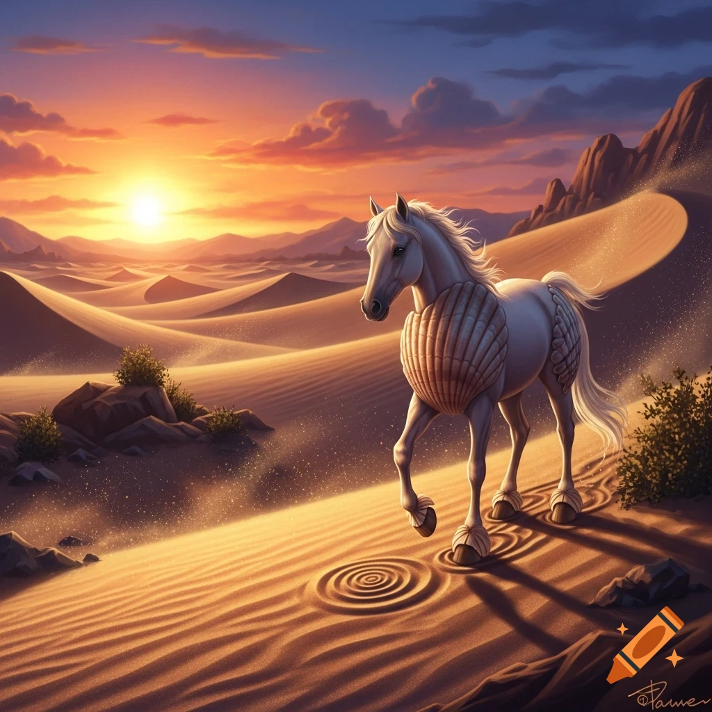 A white horse with seashell armor and hooves walks across sand dunes at sunset.