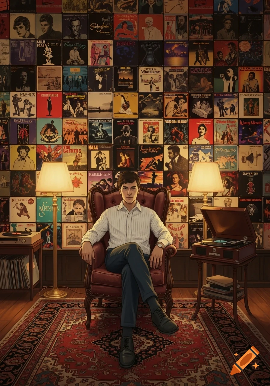 A man in a striped shirt and dark pants sits in a brown armchair, surrounded by a wall completely covered in colorful album covers. A lamp and a record player are on tables beside him.