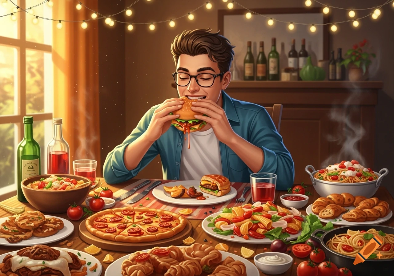 An illustration of a man with glasses happily eating a hamburger at a table overflowing with various Italian dishes under string lights.