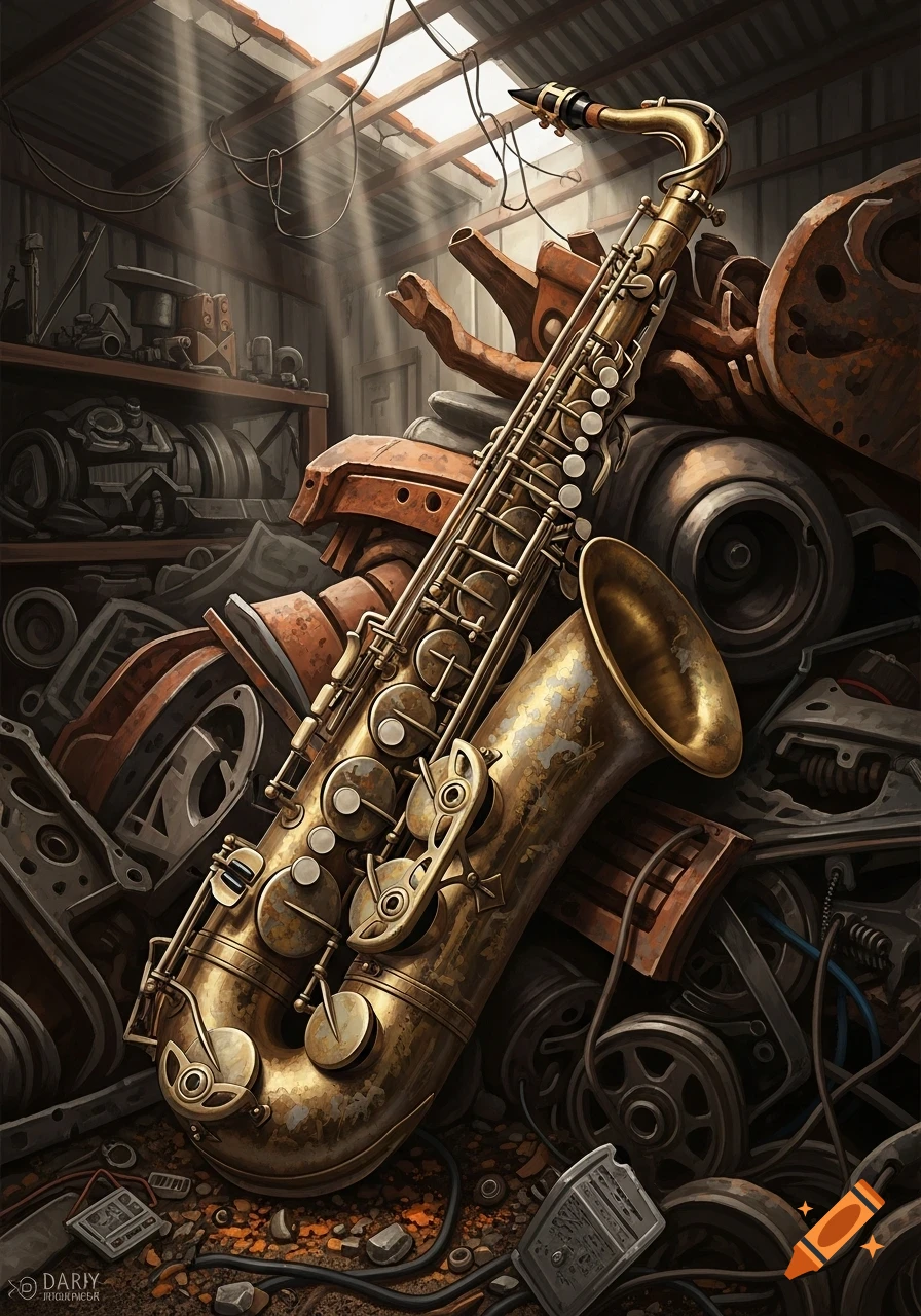A tarnished saxophone rests dramatically lit amidst a cluttered pile of rusty scrap metal and machine parts in a dusty workshop.