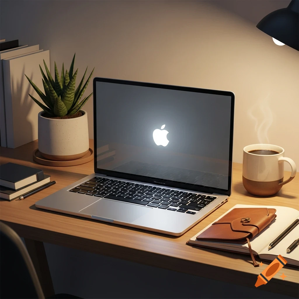 A MacBook on a wooden desk with a potted plant, books, a coffee mug, and a notebook in a warmly lit room.