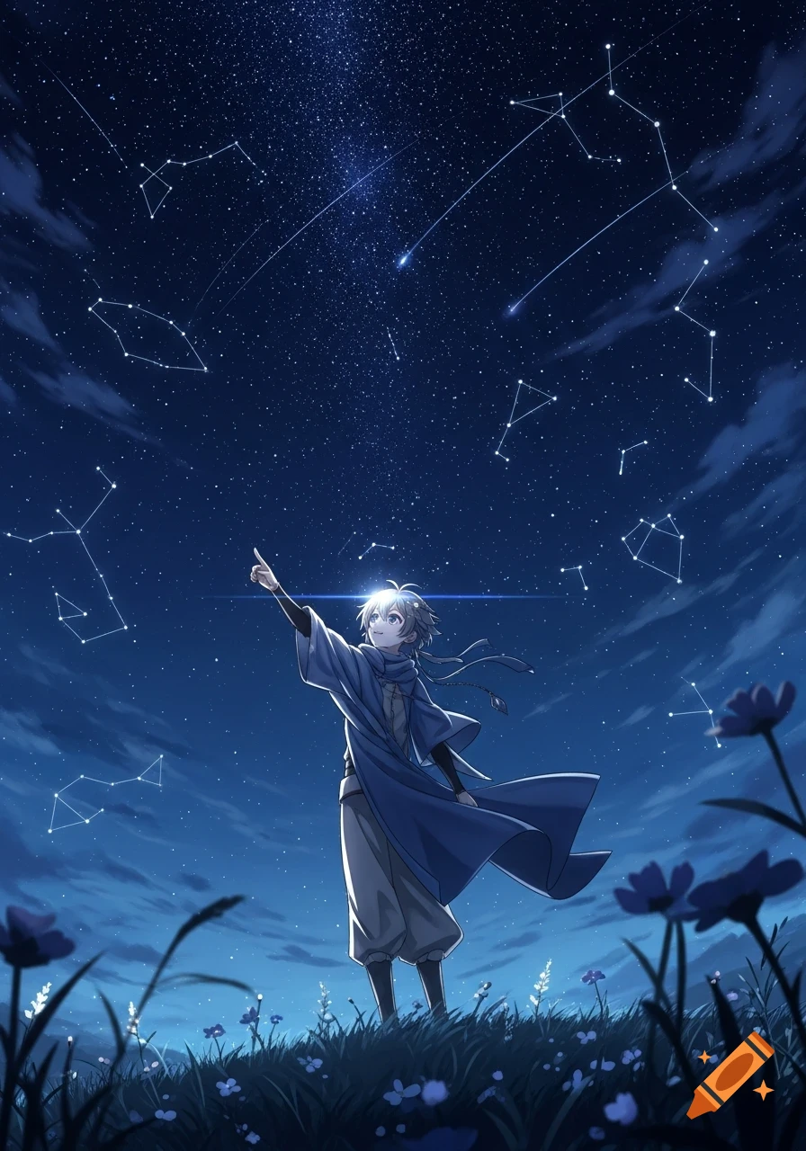 Anime character in blue points at a vibrant, star-filled night sky with constellations and shooting stars over a field of flowers.