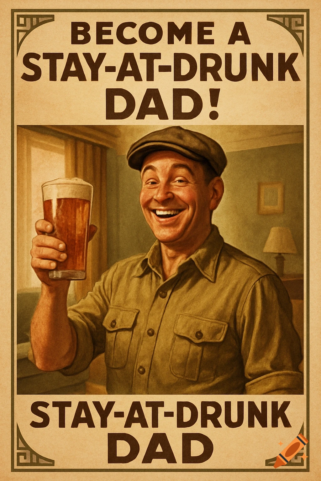 A smiling man in a flat cap holds up a glass of beer on a vintage poster that reads "BECOME A STAY-AT-DRUNK DAD!"