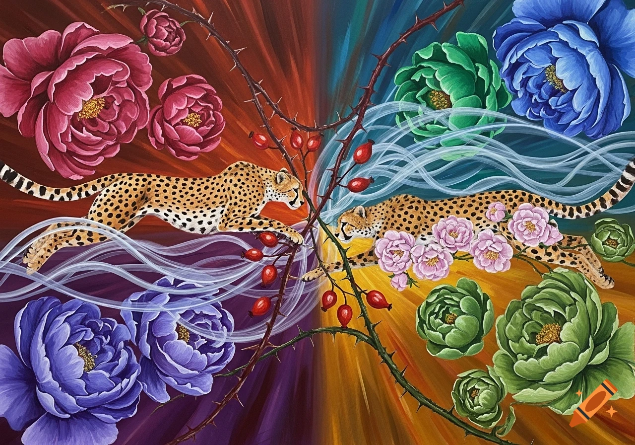 Two stylized cheetahs leap amidst vibrant flowers and thorny branches on a colorful, abstract background, in a painterly style.