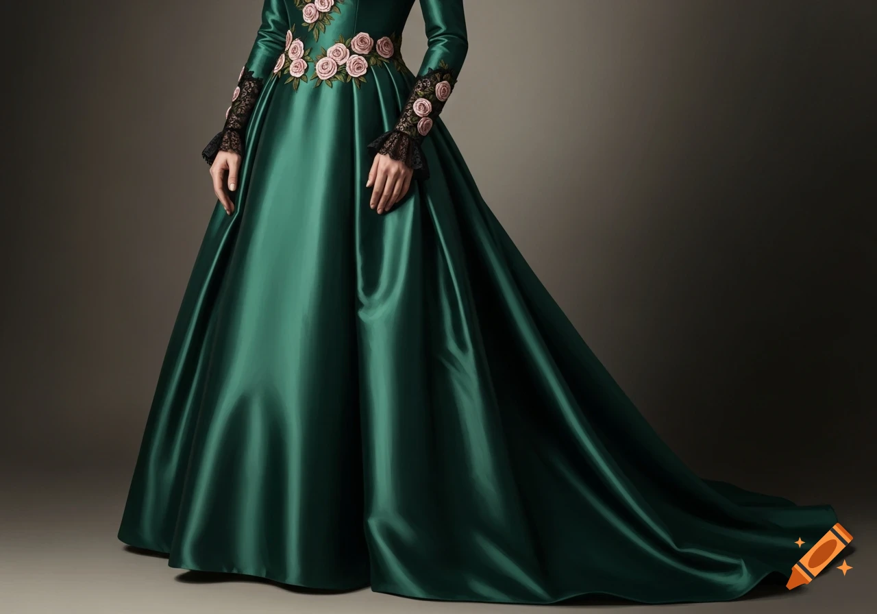 A flowing emerald green silk gown with black lace cuffs and pink embroidered roses around the bodice and sleeves.