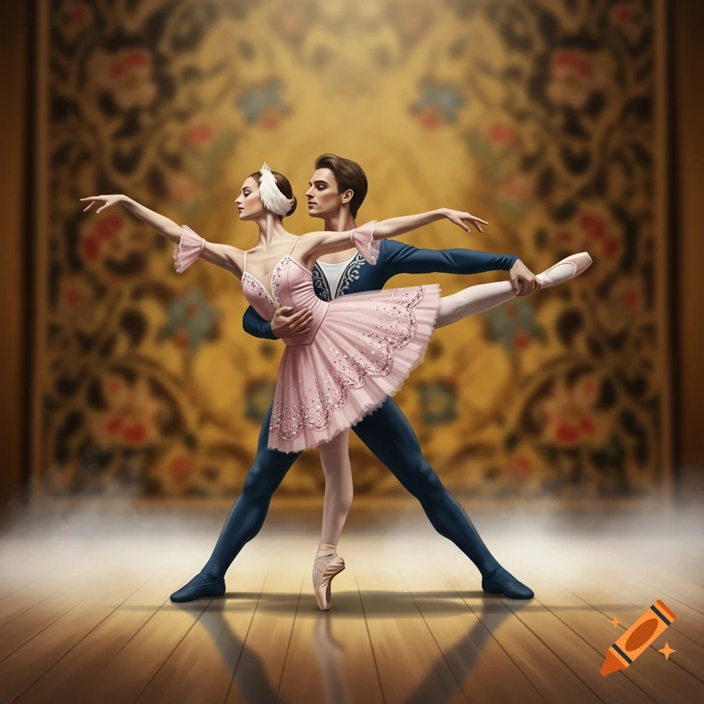 Two ballet dancers, a man and a woman, perform a graceful pose on a stage with a golden patterned backdrop.