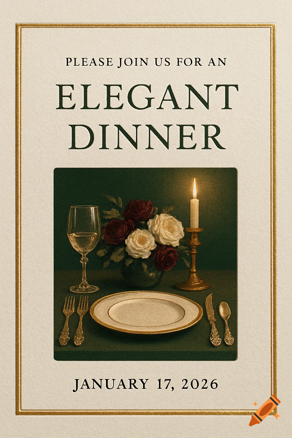 Elegant dinner invitation card with a table setting including flowers, candle, and text for January 17, 2026.
