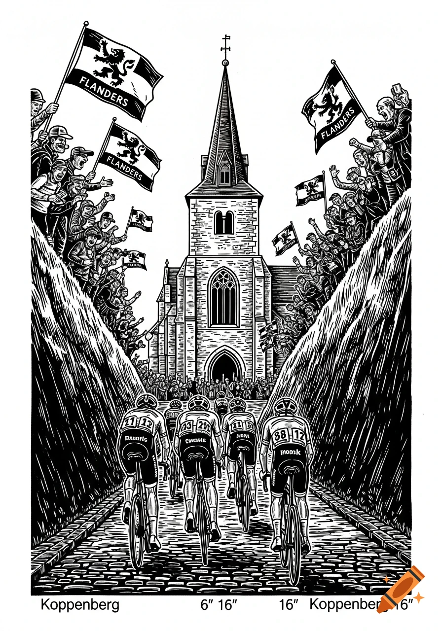 A black-and-white linocut illustration shows cyclists ascending a cobbled road towards a church, flanked by cheering crowds waving Flanders flags.