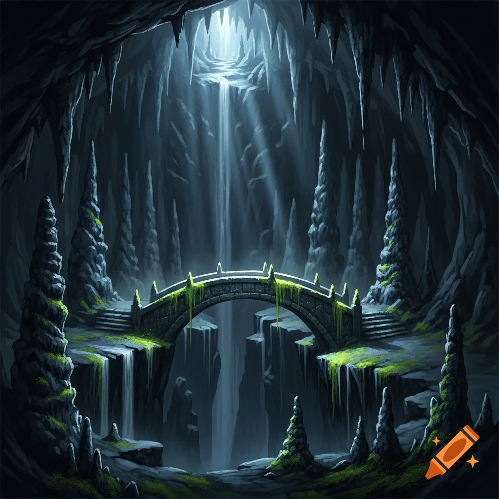 A dark, fantasy cave with a waterfall cascading into an abyss, crossed by an ornate stone bridge covered in moss.