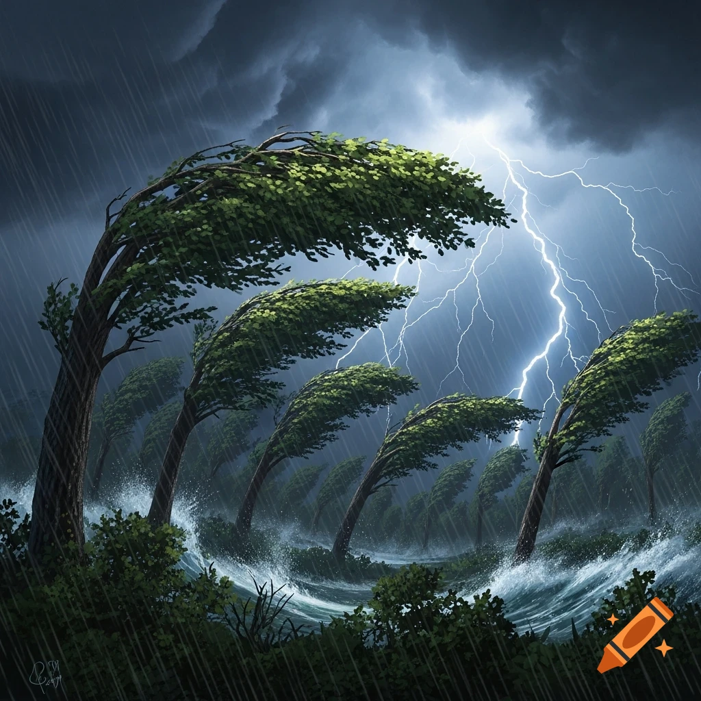 Illustrative depiction of trees bending dramatically in a severe rainstorm with powerful lightning striking from dark, turbulent clouds.