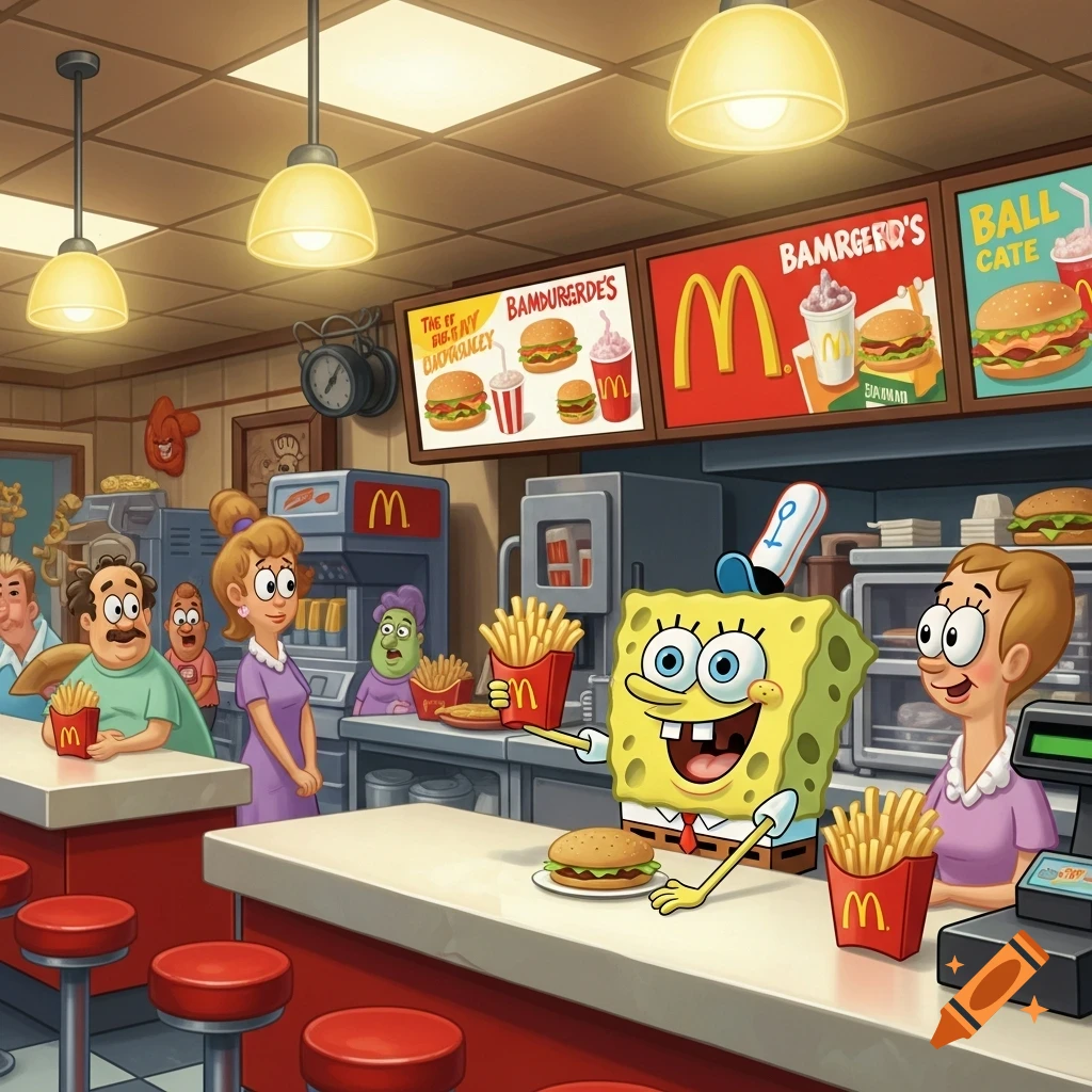 SpongeBob SquarePants works at a McDonald's-like diner counter, serving food to patrons in a cartoon style.