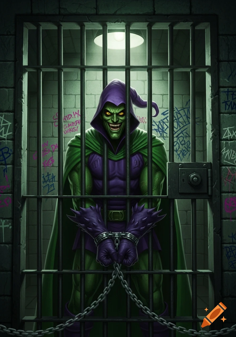 A menacing Green Goblin with a wide grin and glowing yellow eyes is imprisoned in a dark, graffiti-covered jail cell, his hands chained.
