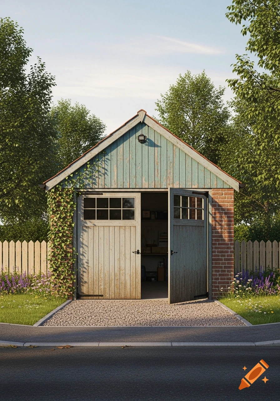 A small, weathered garage with open doors and a gabled roof, surrounded by green grass, trees, and a white picket fence on a sunny day.