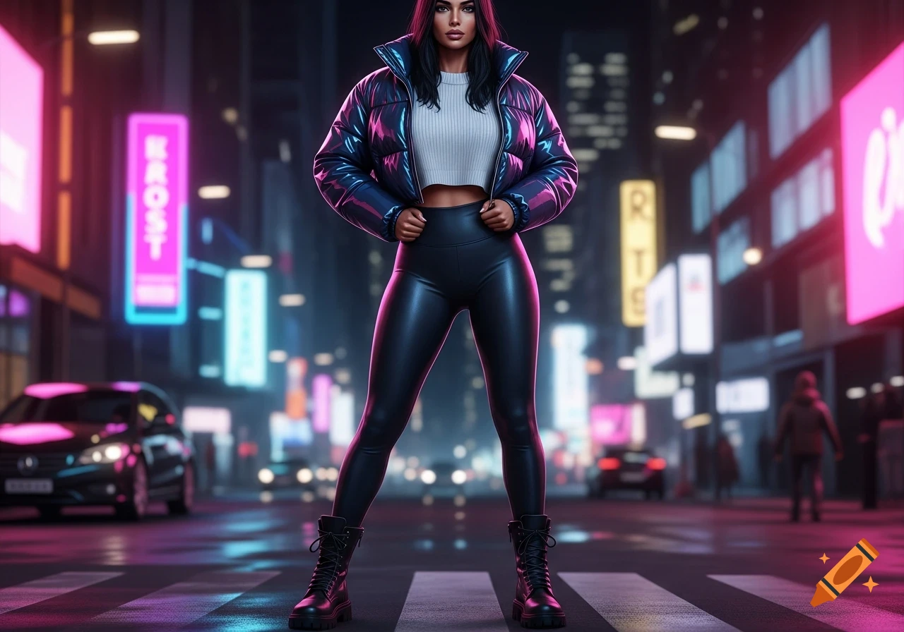 A woman in a shiny puffer jacket, white crop top, black leggings, and combat boots stands on a city street at night with neon signs.