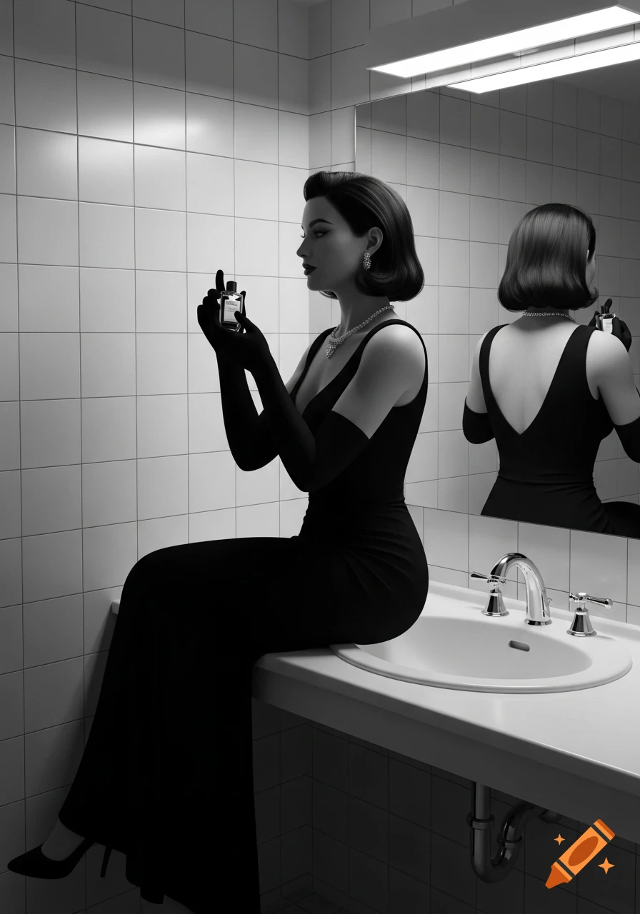 A woman in an elegant black evening gown sits on a bathroom sink, holding a perfume bottle, in a black and white, classic Hollywood glamour style.