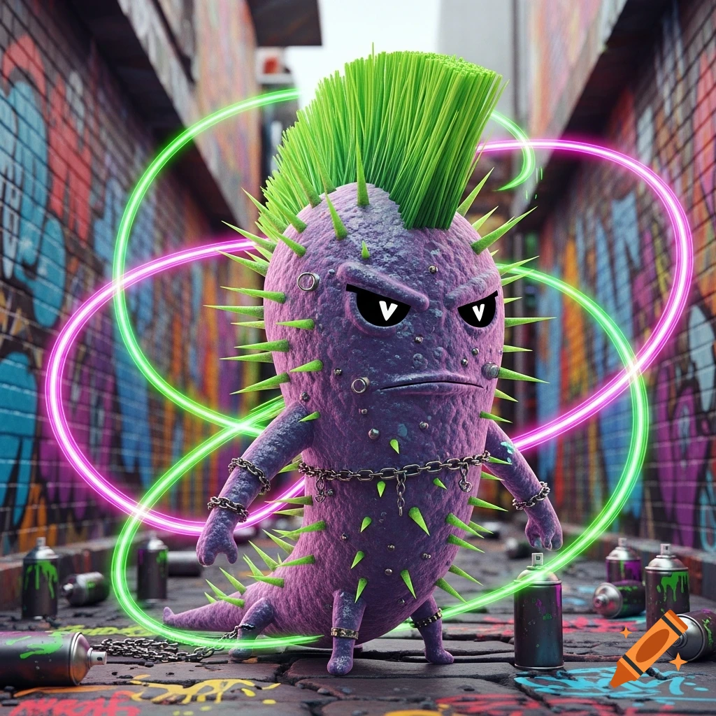 A spiky purple punk creature with a green mohawk, chains, and neon rings stands in a graffiti-filled alley with spray cans.