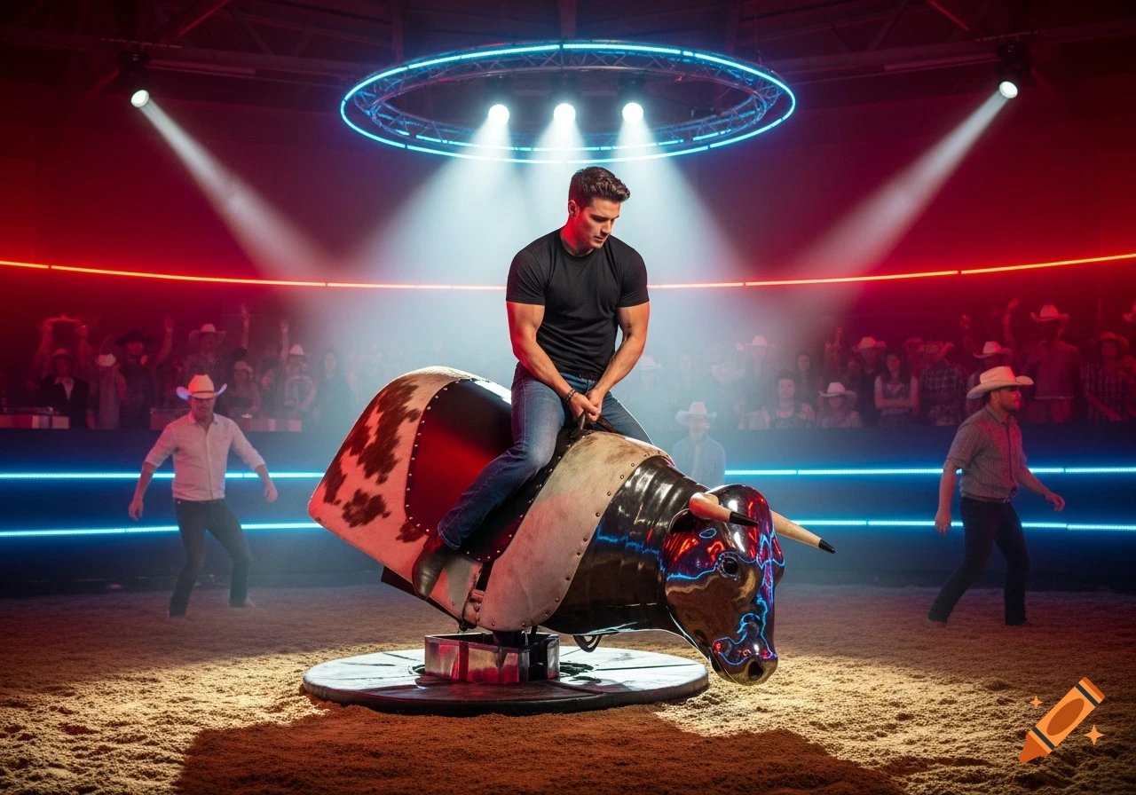 A muscular man in a black t-shirt and jeans rides a mechanical bull under bright spotlights in an arena.