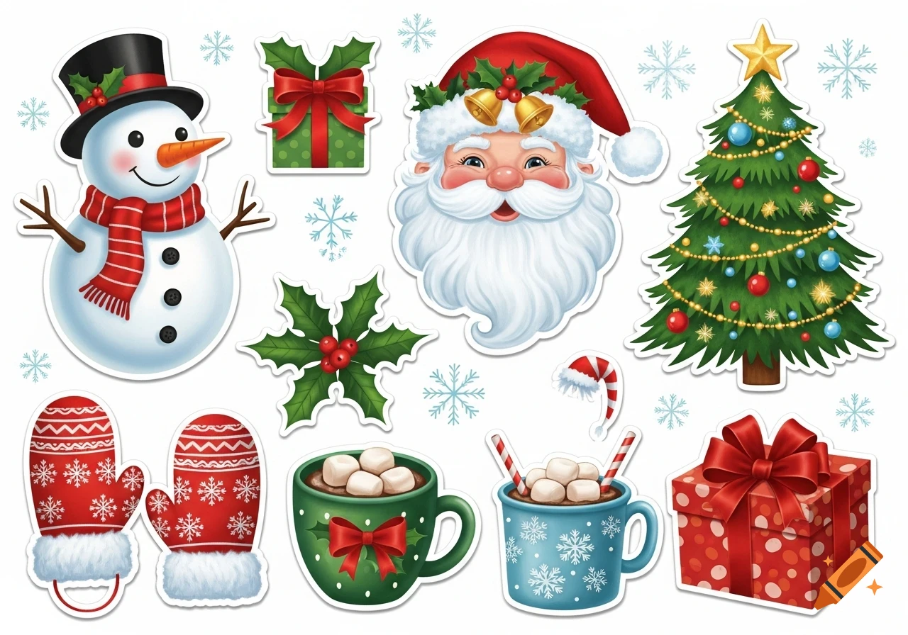 A collection of colorful Christmas stickers featuring a snowman, Santa Claus, a decorated Christmas tree, gift boxes, mittens, and hot cocoa.