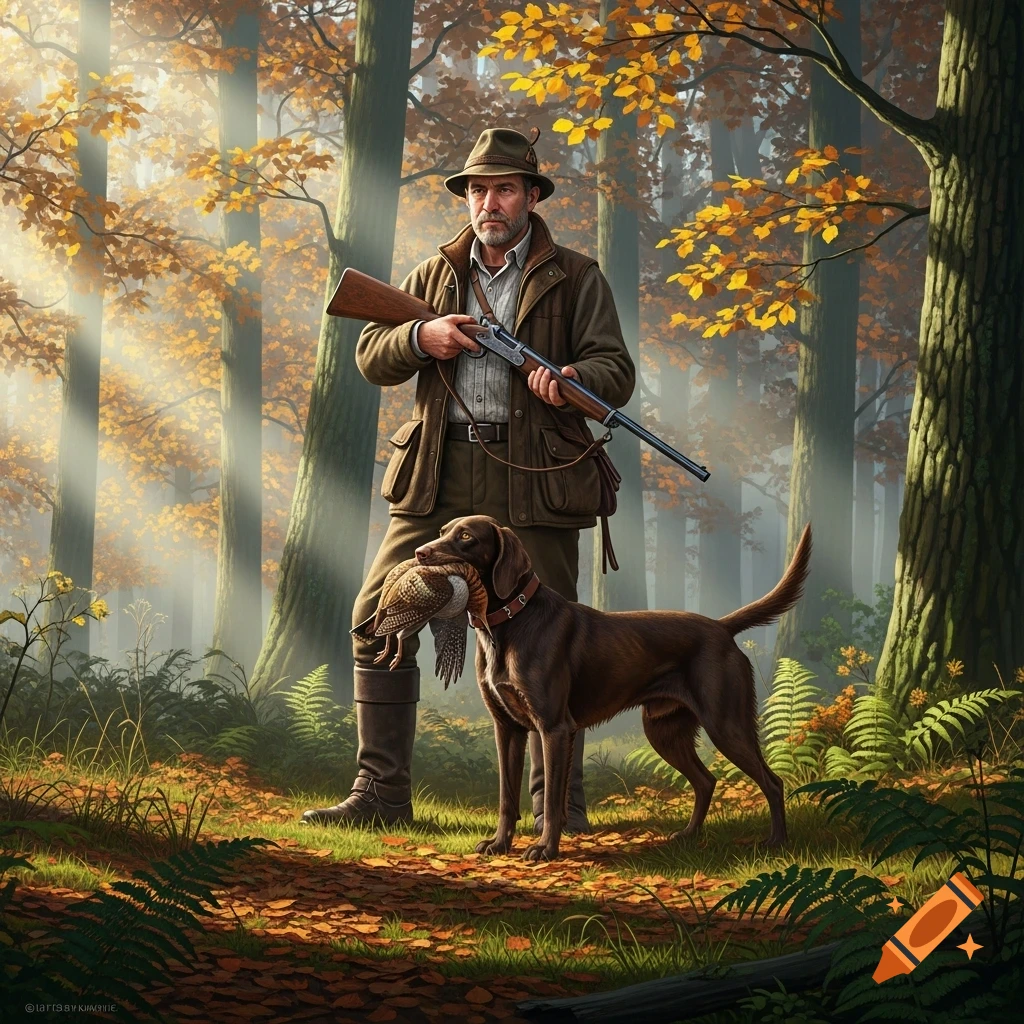 A hunter in an autumn forest holding a rifle, with his dog beside him carrying a hunted bird in its mouth.