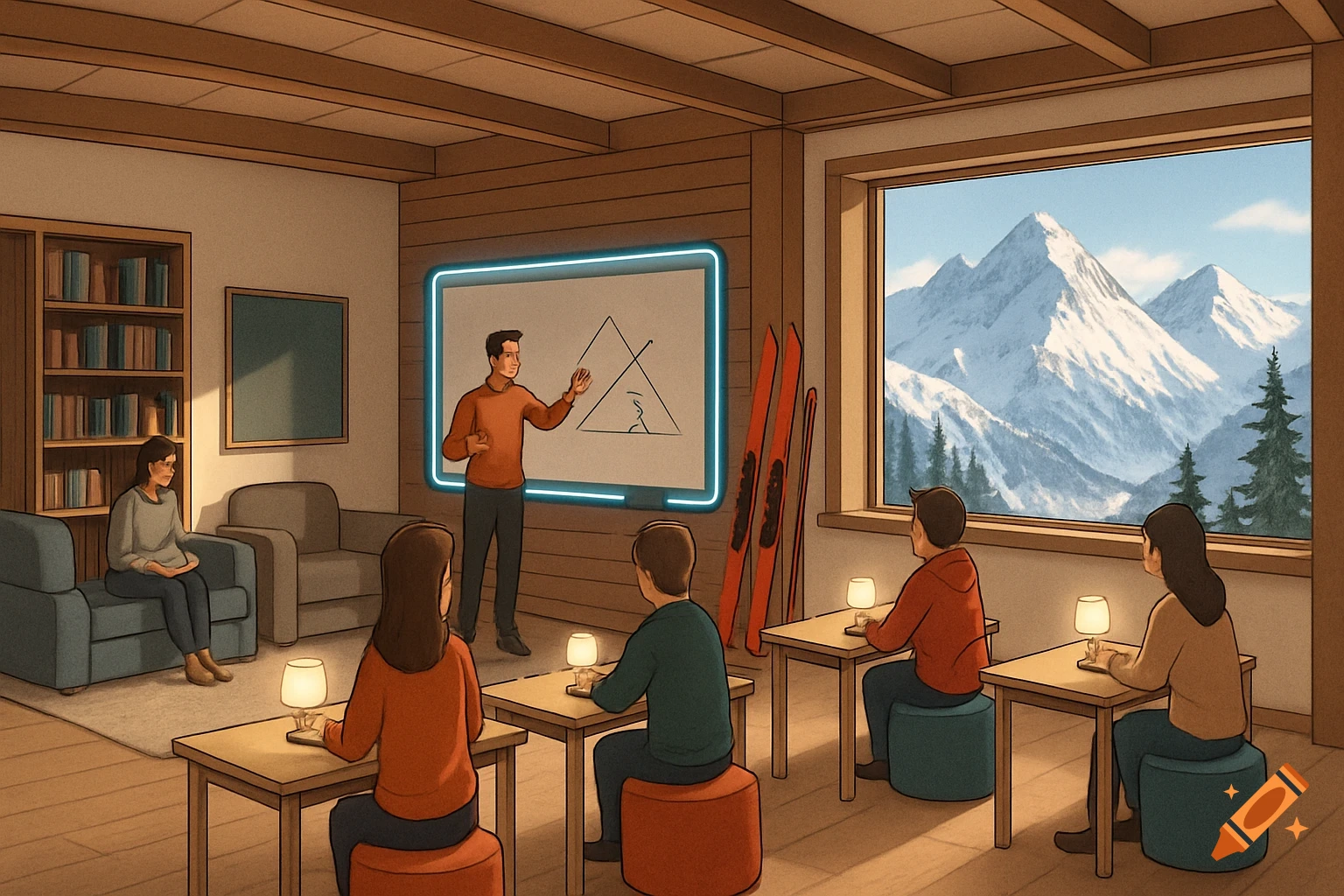 An illustration of a ski class with a male teacher at a modern LED whiteboard. Students sit at individual tables with lamps, with a view of snowy mountains outside a large window.