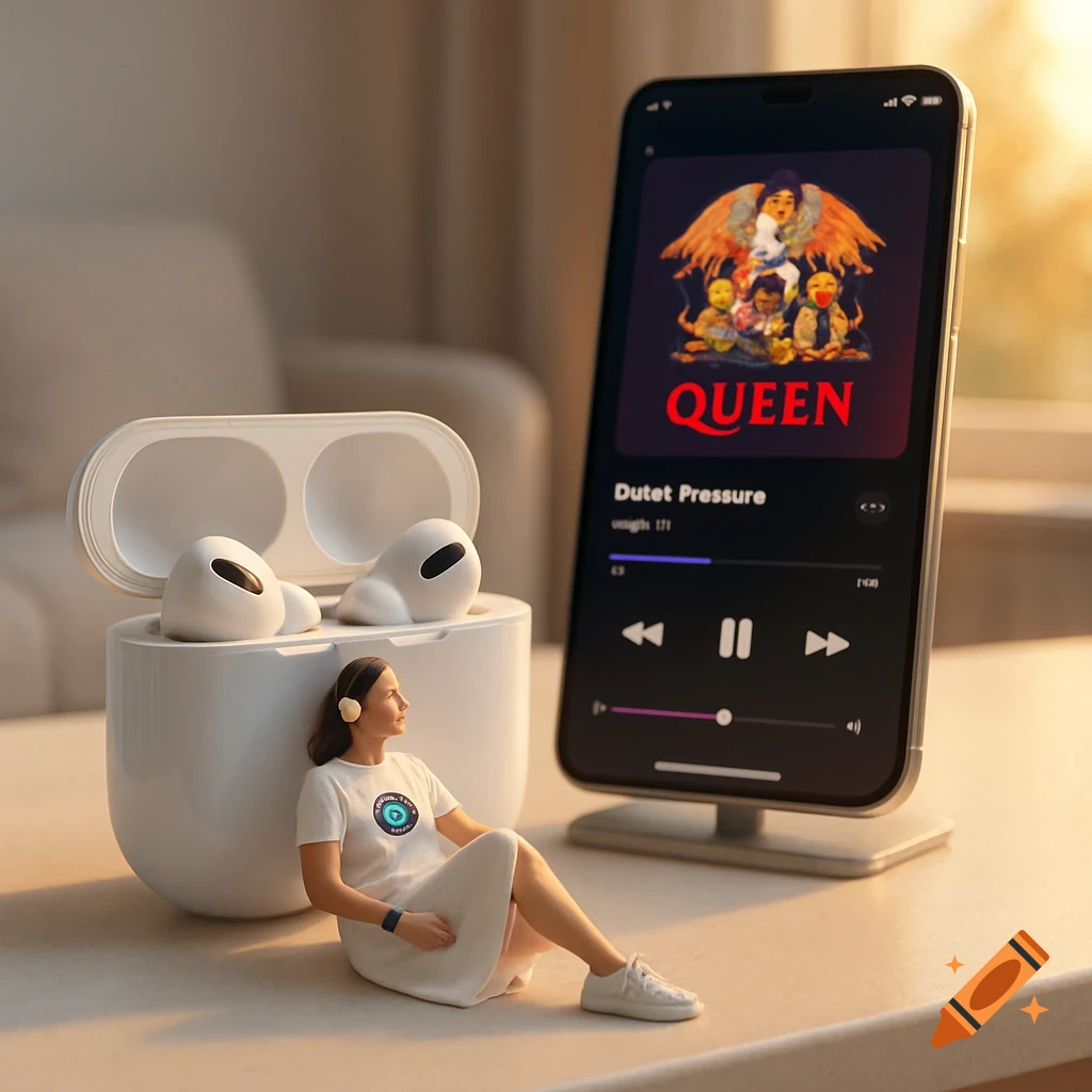 A miniature woman in a white dress and sneakers sits by large AirPods, looking at a giant smartphone playing Queen.