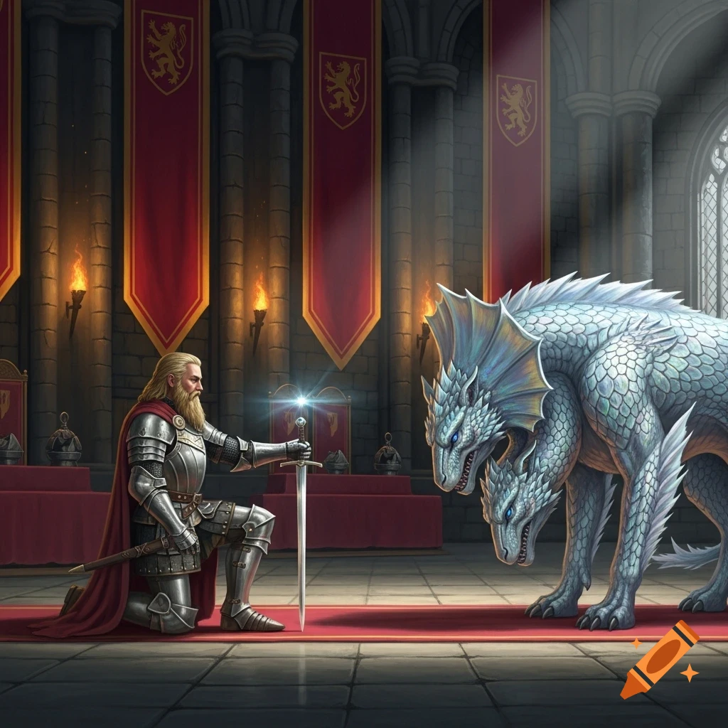 A knight in shining armor kneels before a three-headed dragon in a grand throne room with red banners.