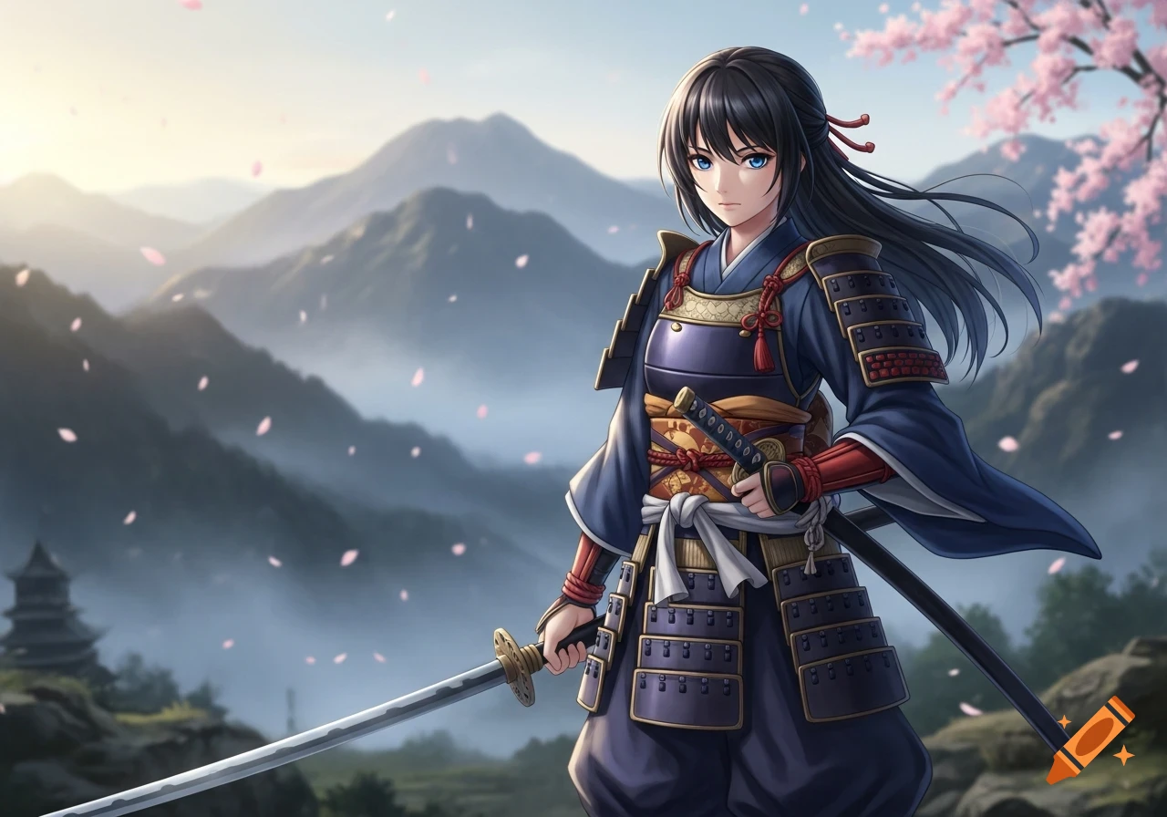 An anime-style female samurai in blue and purple armor holds a katana, standing in a misty mountain landscape with falling pink cherry blossoms.