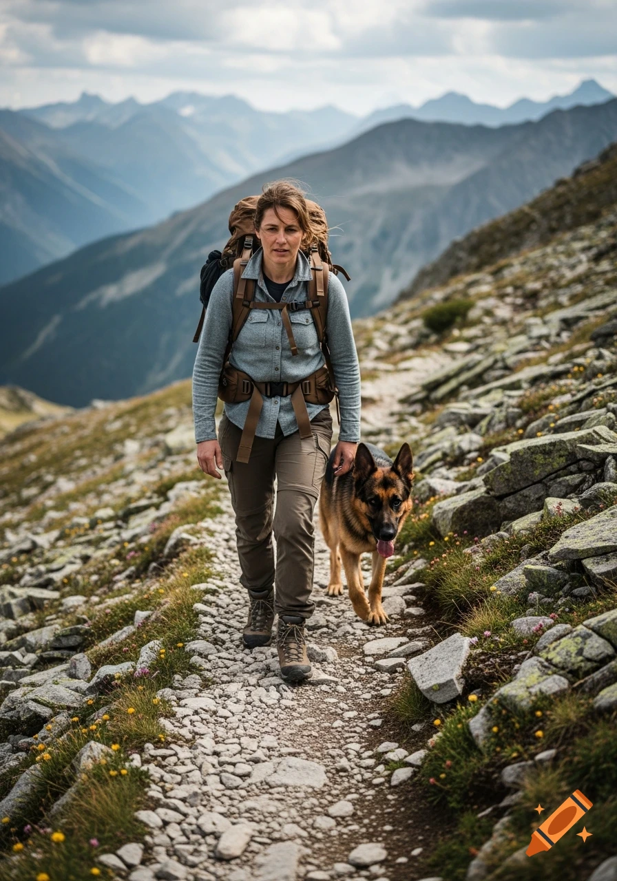 A woman wearing a backpack and hiking boots walks a rocky mountain trail with a German Shepherd. Cloudy sky over distant peaks.