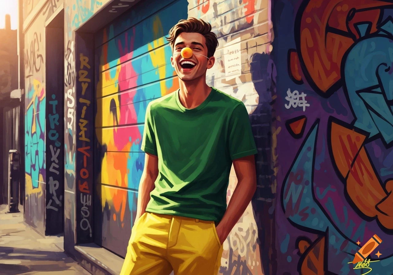 A smiling man in a green t-shirt, yellow pants, and a clown nose stands against a vibrant, graffiti-covered wall in an urban setting.