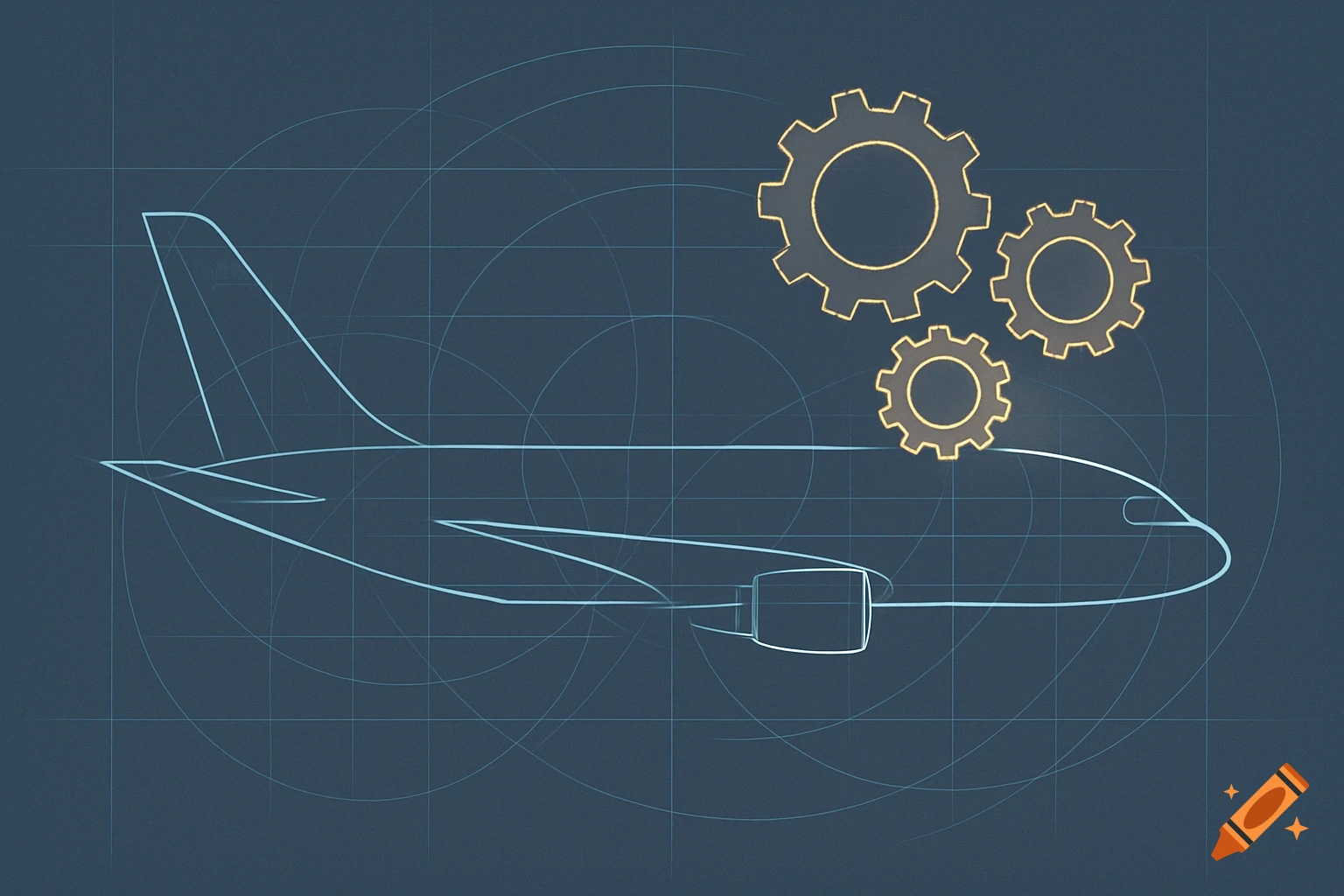A minimalist digital illustration of an aircraft blueprint with glowing blue lines and three gold-accented gears.