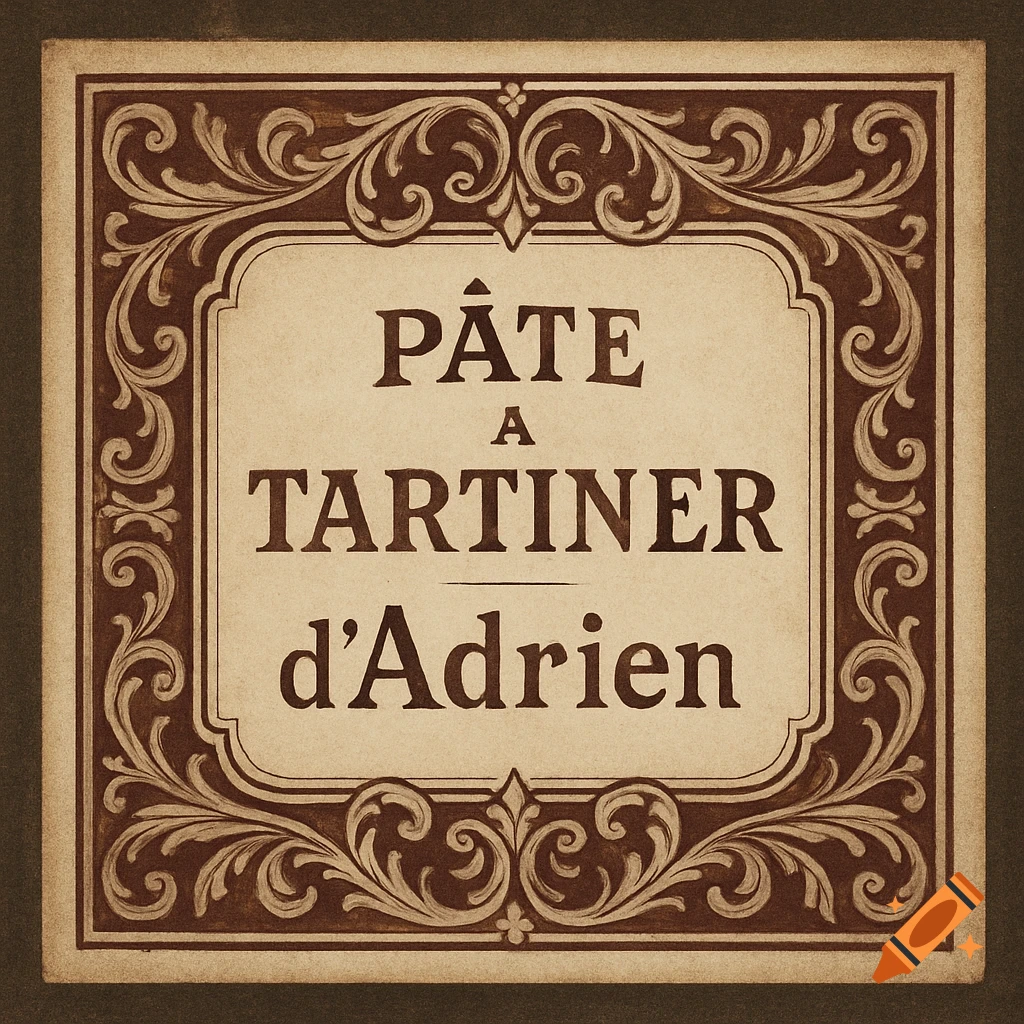 A vintage-style label with a brown ornamental border, reading 'P ÂTE A TARTINER d'Adrien' on a beige background.