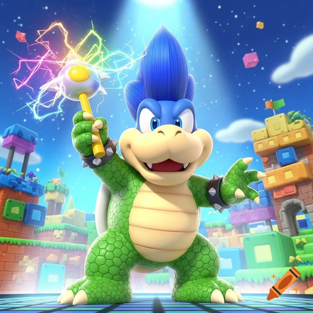 Larry Koopa, a green Koopaling with blue spiky hair, holds a scepter emitting colorful lightning in a vibrant, blocky Super Mario world.