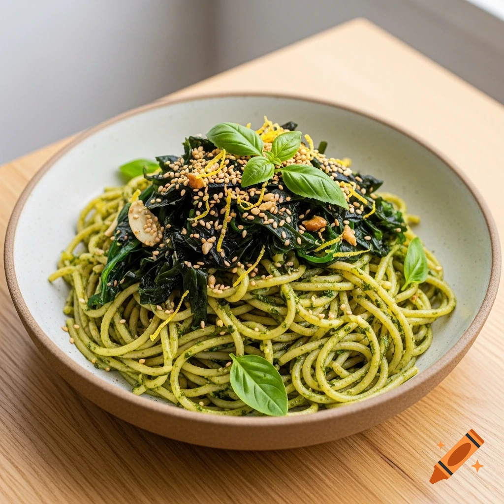 Vegan seaweed nori pesto pasta with sesame seeds, lemon zest, and basil in a rustic ceramic bowl on a light wooden table.