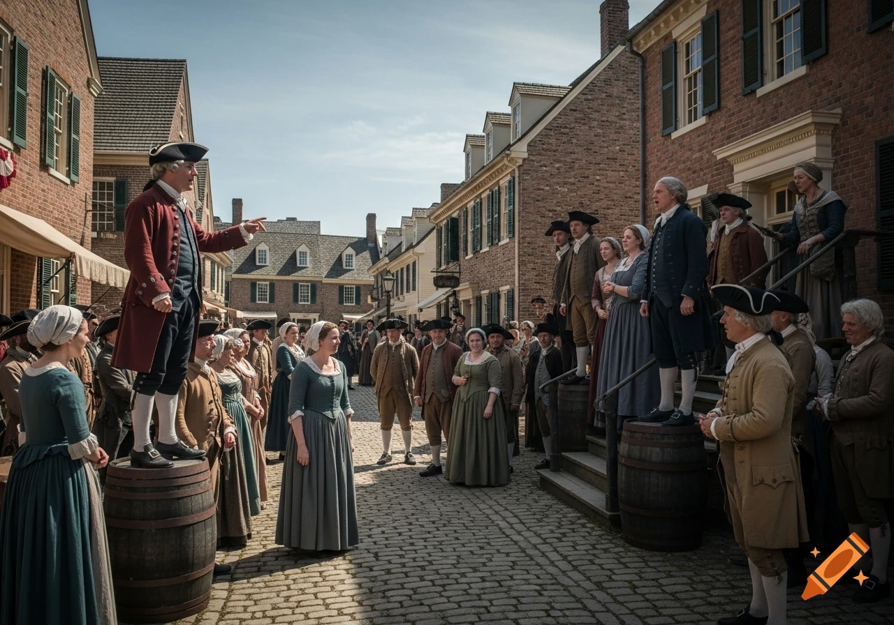 A photorealistic image of a large crowd of people in 18th-century colonial attire gathered in a town square with brick buildings.